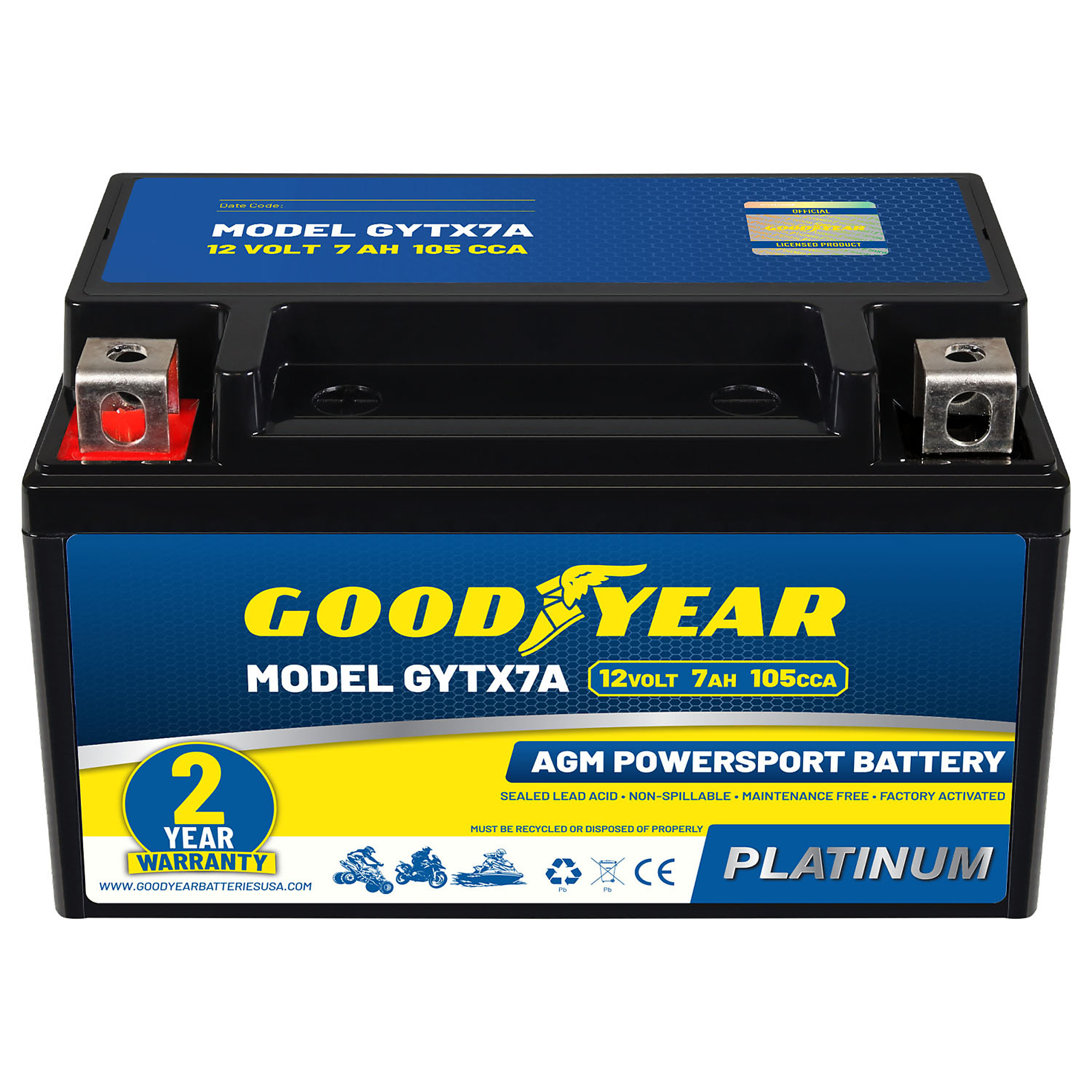 Goodyear High-Performance Maintenance-Free SLA AGM Battery — 12V, 7Ah, 105 CCA, Model# GY4140758